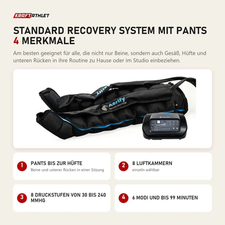 Aerify Standard Recovery System mit Pants mit 4 Merkmalen: Pants bis zur Hüfte, 8 Luftkammern, 8 Druckstufen von 30 bis 240 mmHg, 6 Modi und bis 99 Minuten