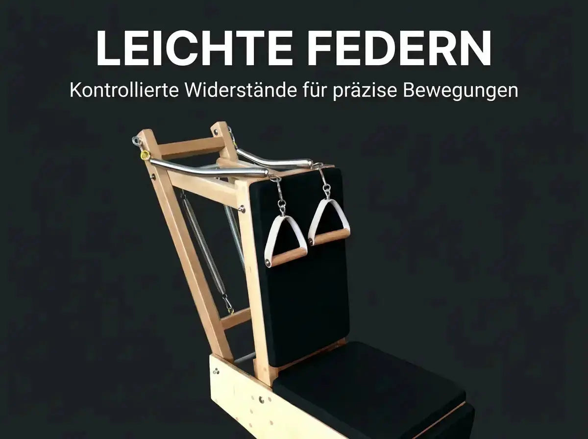 Body & Exercise Arm Baby Chair – Grafik mit Nahaufnahme von Federn, Griffen und Holzrahmen