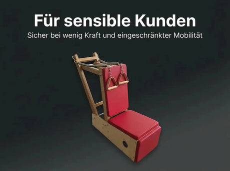 Body & Exercise Arm Baby Chair – Grafik mit Seitenansicht und Holzrahmen auf dunklem Hintergrund