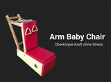Body & Exercise Arm Baby Chair – Grafik mit Schrägansicht, rotem Polster und Produktname