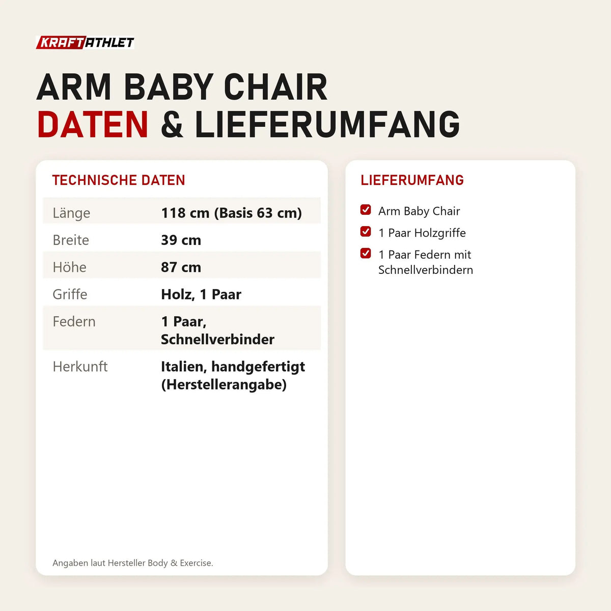 Technische Daten und Lieferumfang von Body & Exercise Arm Baby Chair als Tabelle