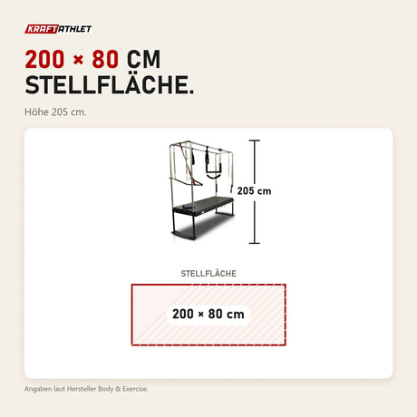 Maßbild Body & Exercise Cadillac Black Edition aus Edelstahl: Stellfläche 200 × 80 cm, Höhe 205 cm