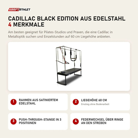 Body & Exercise Cadillac Black Edition aus Edelstahl mit 4 Merkmalen: Rahmen aus satiniertem Edelstahl, Liegehöhe 60 cm, Push-through-Stange in 3 Positionen, Federwechsel über Ringe an den Streben