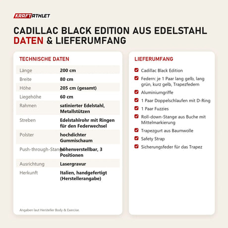 Technische Daten und Lieferumfang von Body & Exercise Cadillac Black Edition aus Edelstahl als Tabelle