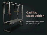 Body & Exercise Cadillac Black Edition aus Edelstahl, Seitenansicht vor dunklem Hintergrund mit Titel-Grafik