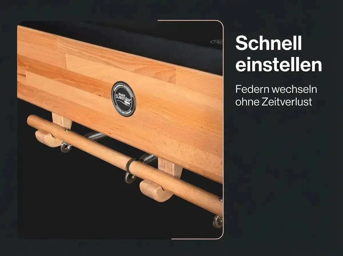 Body & Exercise Cadillac Classic aus Buchenholz, Detail der Federaufhängung am Holzrahmen zum schnellen Einstellen
