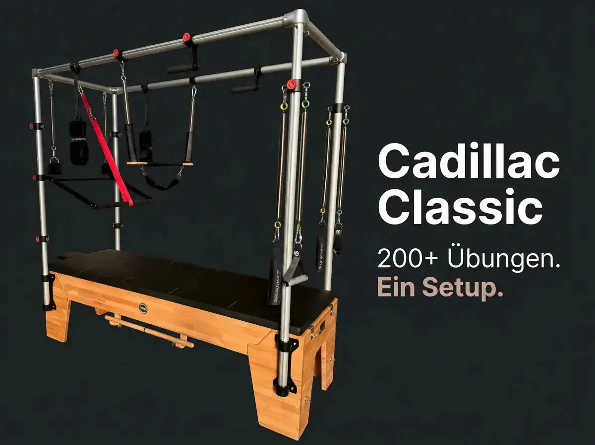 Body & Exercise Cadillac Classic aus Buchenholz, Grafik mit Übersicht zum Setup vor dunklem Hintergrund