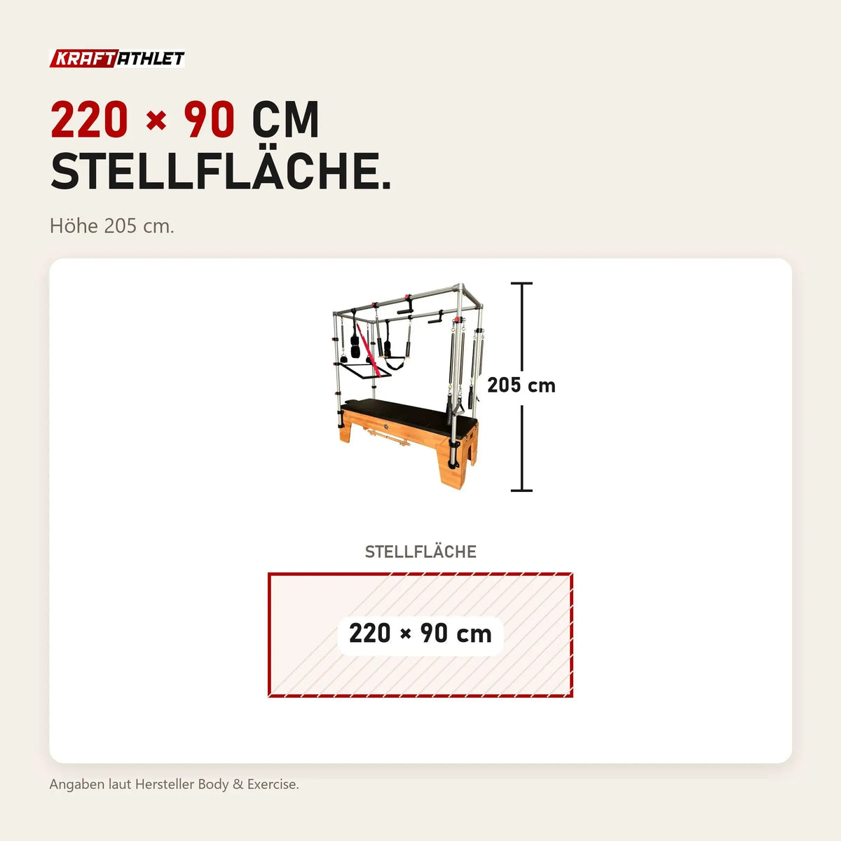 Maßbild Body & Exercise Cadillac Classic aus Buchenholz: Stellfläche 220 × 90 cm, Höhe 205 cm