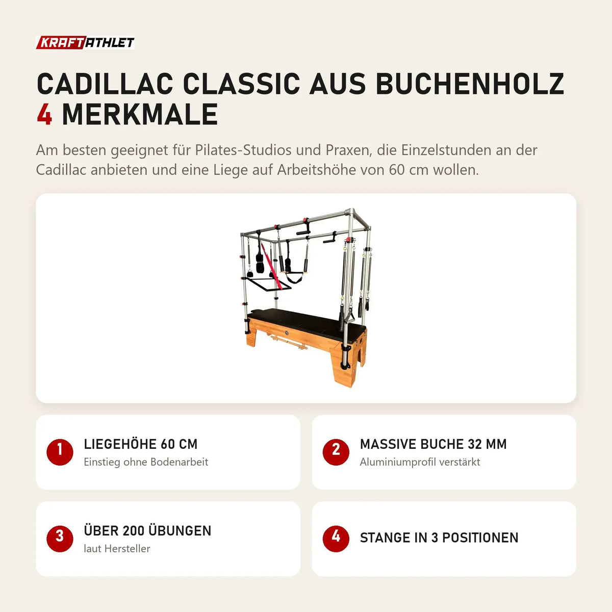 Body & Exercise Cadillac Classic aus Buchenholz mit 4 Merkmalen: Liegehöhe 60 cm, Massive Buche 32 mm, Über 200 Übungen, Stange in 3 Positionen