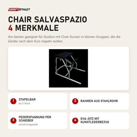 Body & Exercise Chair Salvaspazio mit 4 Merkmalen: Stapelbar, Rahmen aus Stahlrohr, Federspannung per Schieber, EVA-Sitz mit Kunstlederbezug