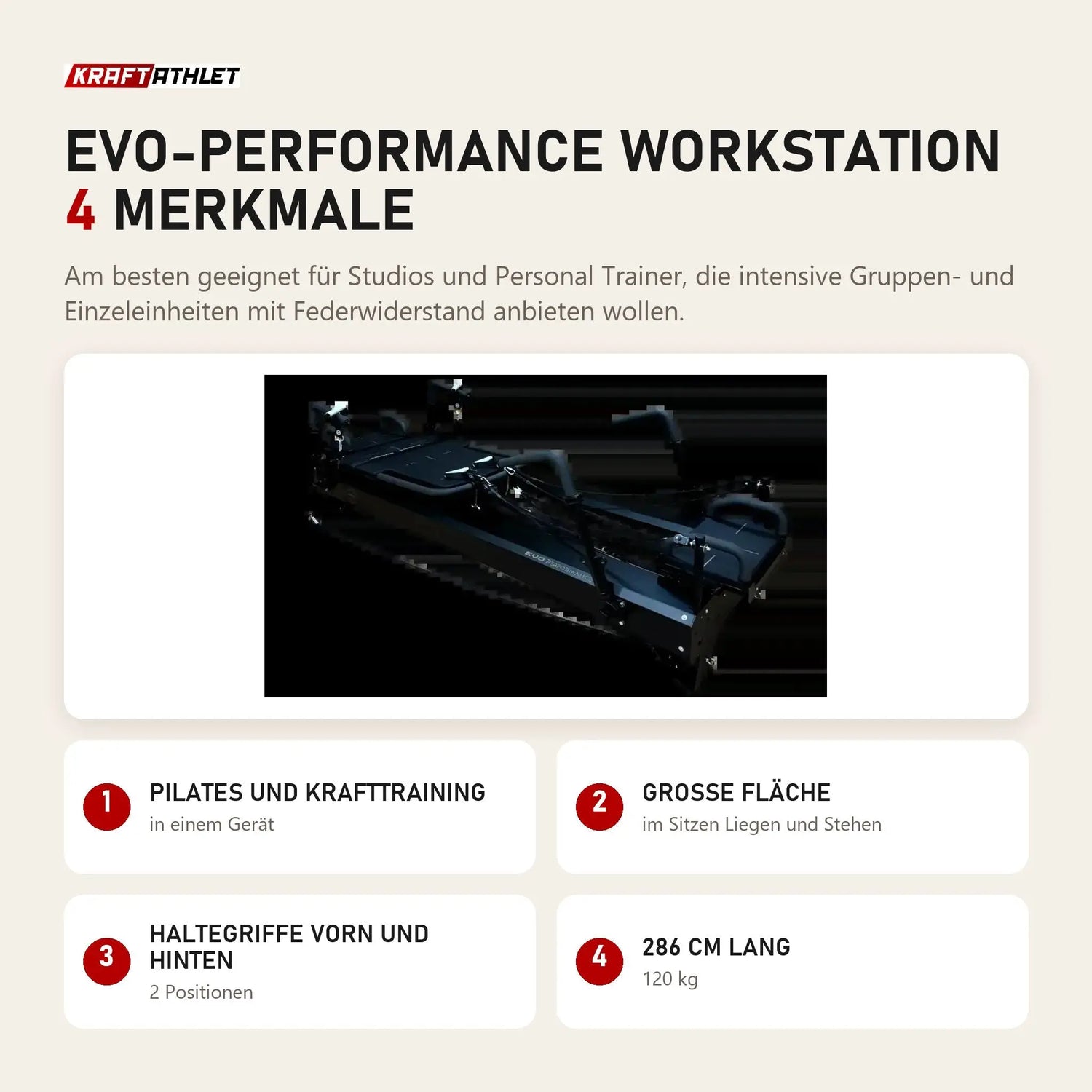 Body & Exercise EVO-Performance Workstation mit 4 Merkmalen: Pilates und Krafttraining, Große Fläche, Haltegriffe vorn und hinten, 286 cm lang