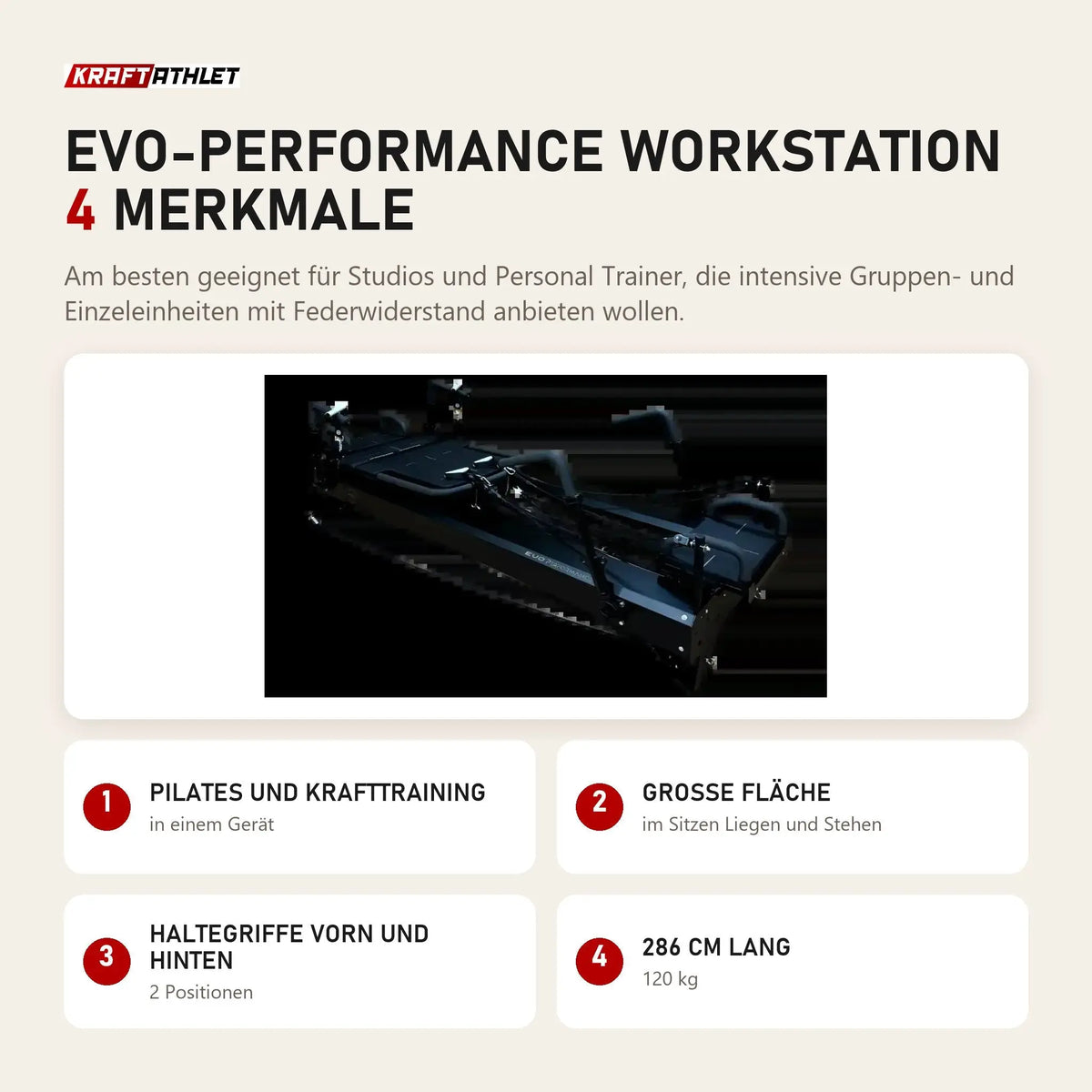Body & Exercise EVO-Performance Workstation mit 4 Merkmalen: Pilates und Krafttraining, Große Fläche, Haltegriffe vorn und hinten, 286 cm lang