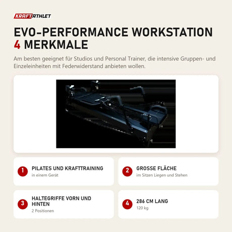 Body & Exercise EVO-Performance Workstation mit 4 Merkmalen: Pilates und Krafttraining, Große Fläche, Haltegriffe vorn und hinten, 286 cm lang