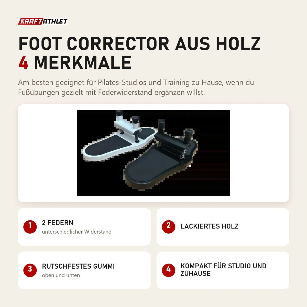 Body & Exercise Foot Corrector aus Holz mit 4 Merkmalen: 2 Federn, Lackiertes Holz, Rutschfestes Gummi, Kompakt für Studio und Zuhause