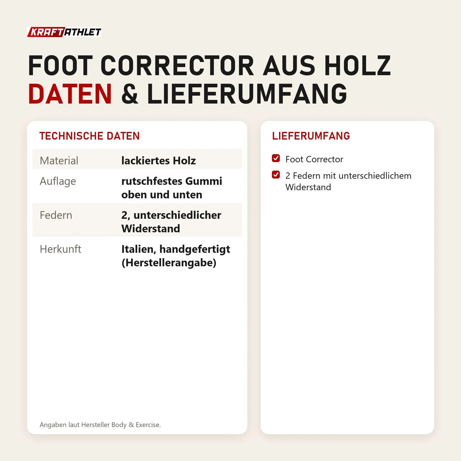 Technische Daten und Lieferumfang von Body & Exercise Foot Corrector aus Holz als Tabelle