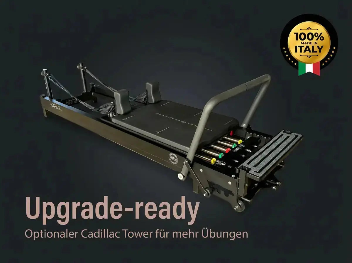 Body & Exercise Reformer Black Edition Grafik mit Schrägansicht und Hinweis auf den optionalen Cadillac Tower