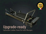 Body & Exercise Reformer Black Edition Grafik mit Schrägansicht und Hinweis auf den optionalen Cadillac Tower