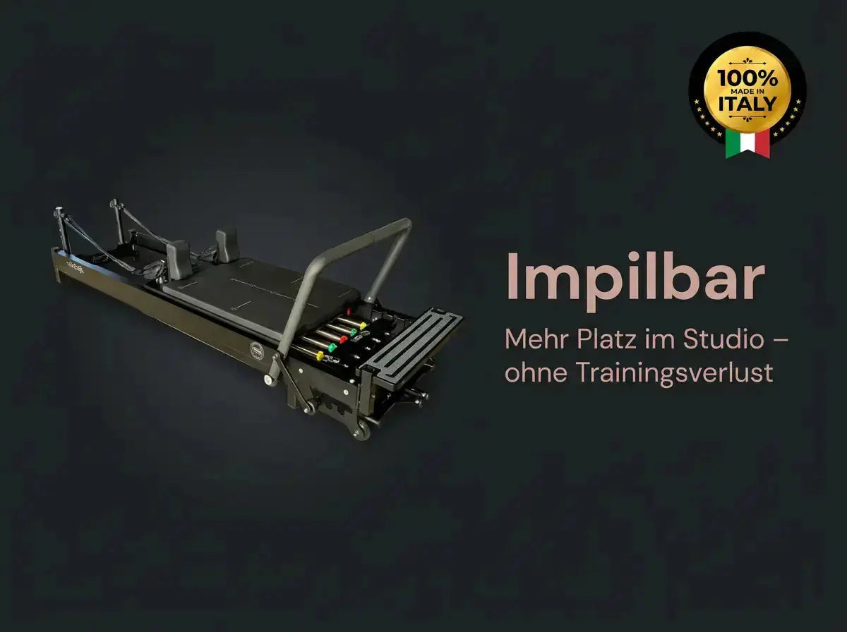 Body & Exercise Reformer Black Edition Grafik mit Schrägansicht und Hinweis auf die Stapelbarkeit im Studio