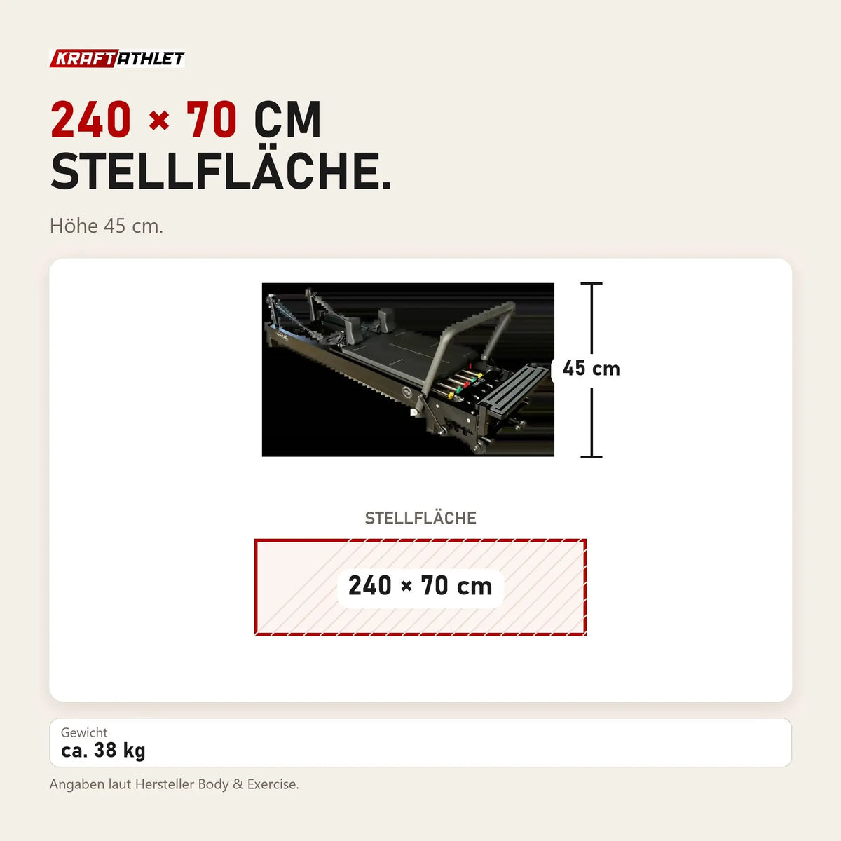 Maßbild Body & Exercise Reformer Black Edition: Stellfläche 240 × 70 cm, Höhe 45 cm
