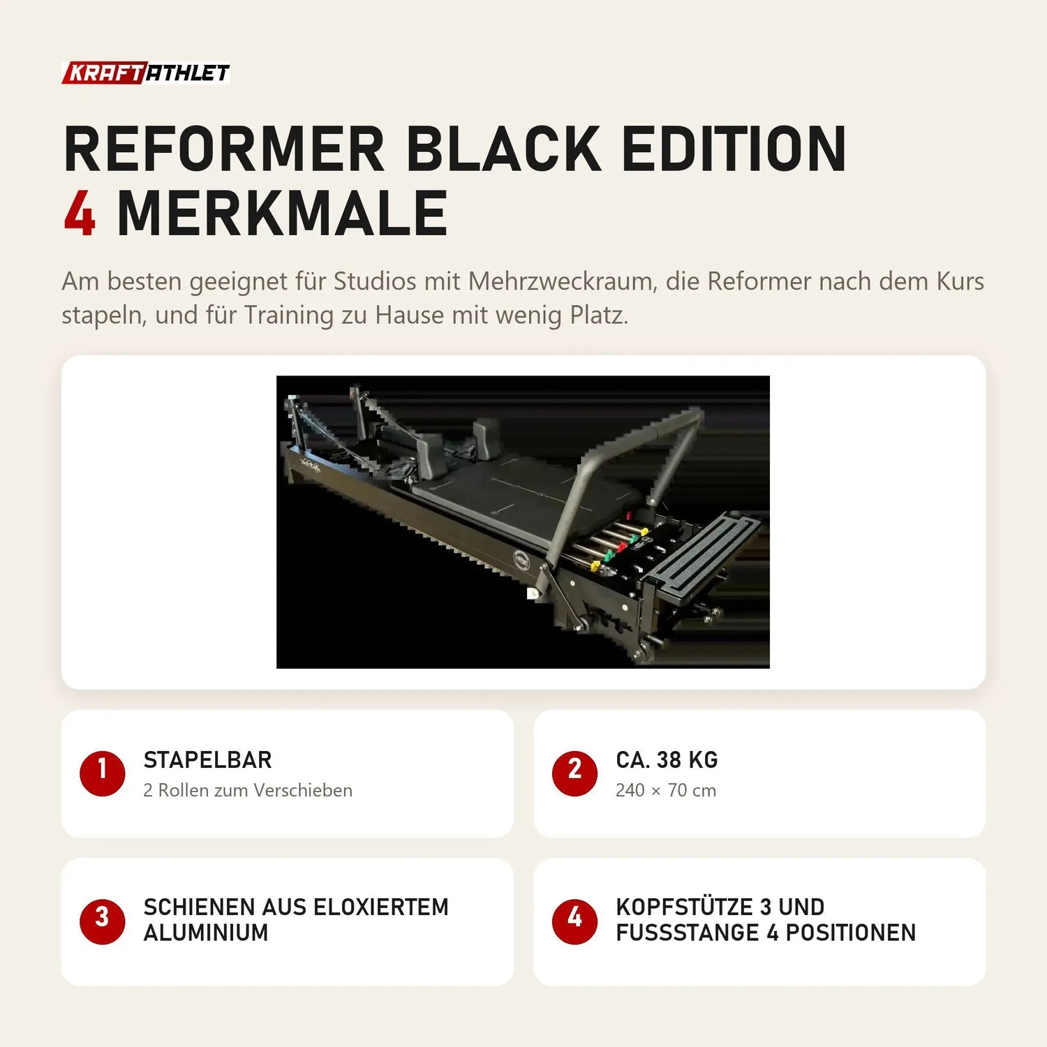 Body & Exercise Reformer Black Edition mit 4 Merkmalen: Stapelbar, Ca. 38 kg, Schienen aus eloxiertem Aluminium, Kopfstütze 3 und Fußstange 4 Positionen
