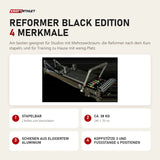 Body & Exercise Reformer Black Edition mit 4 Merkmalen: Stapelbar, Ca. 38 kg, Schienen aus eloxiertem Aluminium, Kopfstütze 3 und Fußstange 4 Positionen