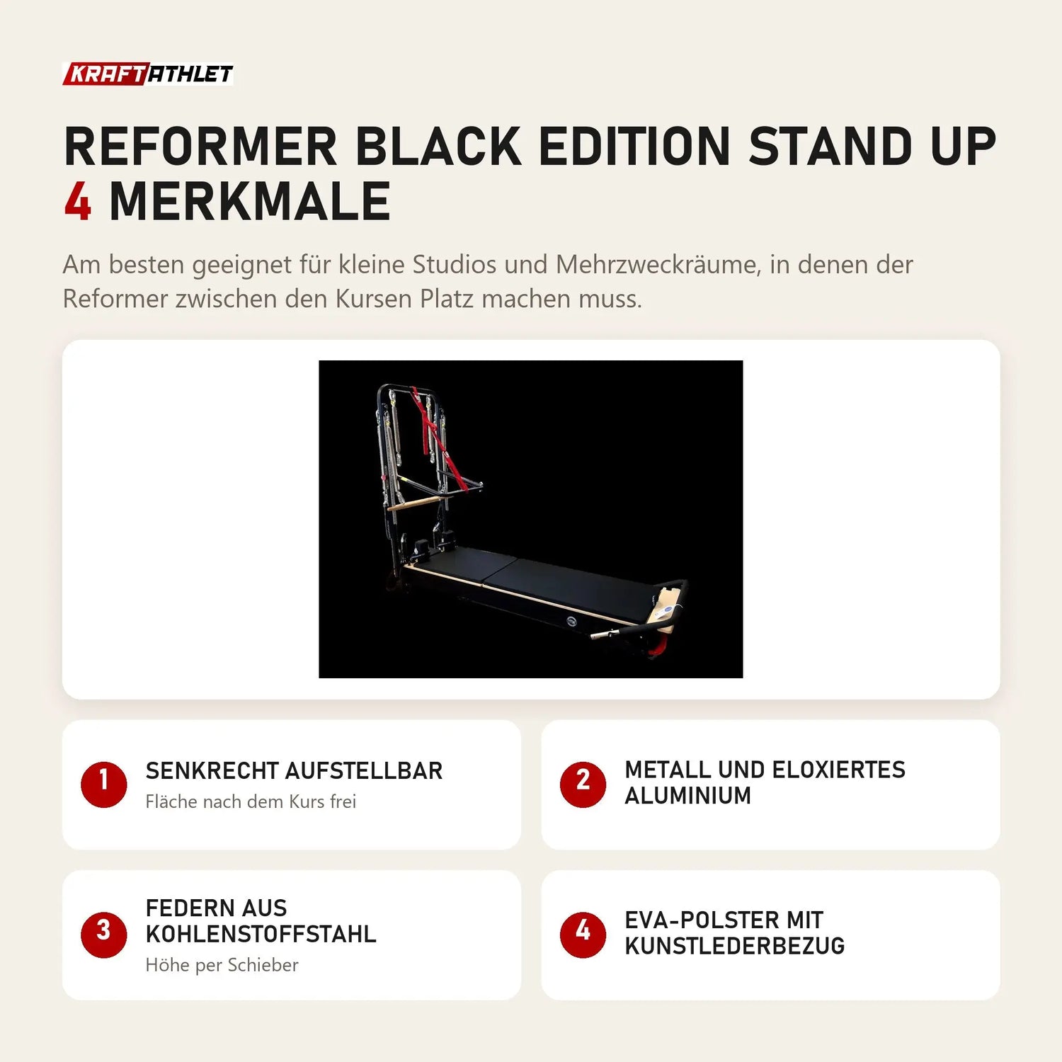 Body & Exercise Reformer Black Edition Stand Up mit 4 Merkmalen: Senkrecht aufstellbar, Metall und eloxiertes Aluminium, Federn aus Kohlenstoffstahl, EVA-Polster mit Kunstlederbezug