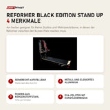 Body & Exercise Reformer Black Edition Stand Up mit 4 Merkmalen: Senkrecht aufstellbar, Metall und eloxiertes Aluminium, Federn aus Kohlenstoffstahl, EVA-Polster mit Kunstlederbezug