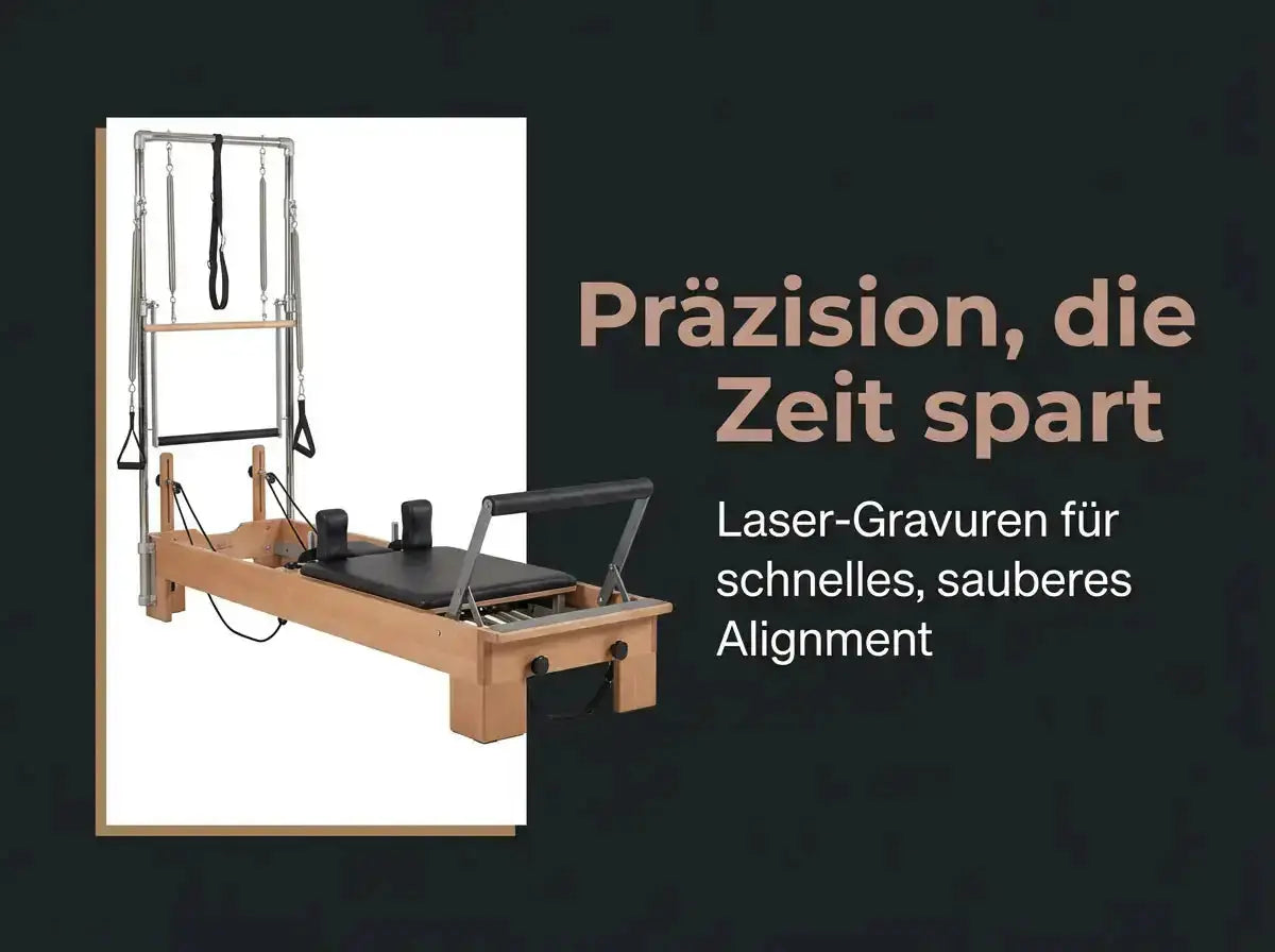 Body & Exercise Reformer Combo aus Buchenholz, Grafik: Laser-Gravuren für sauberes Alignment