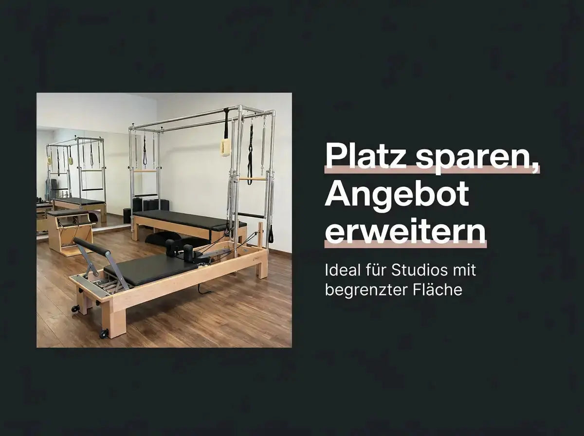 Body & Exercise Reformer Combo aus Buchenholz, Grafik: Platz sparen für Studios mit begrenzter Fläche