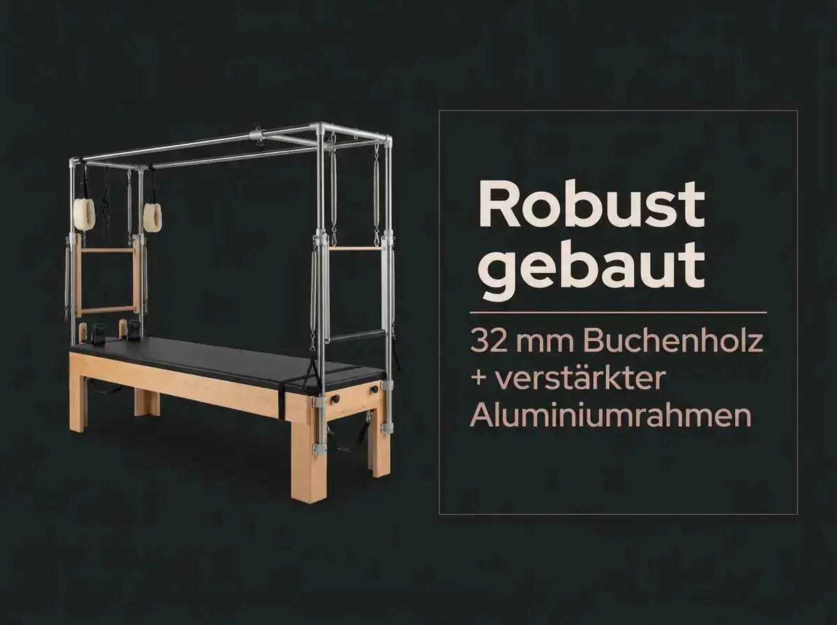Body & Exercise Reformer Combo aus Buchenholz, Grafik: 32 mm Buchenholz und verstärkter Aluminiumrahmen