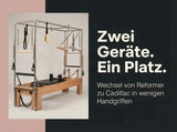 Body & Exercise Reformer Combo aus Buchenholz, Grafik: zwei Geräte auf einem Platz, schneller Wechsel