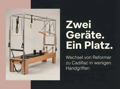Body & Exercise Reformer Combo aus Buchenholz, Grafik: zwei Geräte auf einem Platz, schneller Wechsel