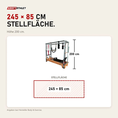 Maßbild Body & Exercise Reformer Combo aus Buchenholz: Stellfläche 245 × 85 cm, Höhe 200 cm