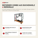 Body & Exercise Reformer Combo aus Buchenholz mit 4 Merkmalen: Reformer und Cadillac, Massive Buche 32 mm, Push-through-Stange mit Gelenk, Federn per Schieber