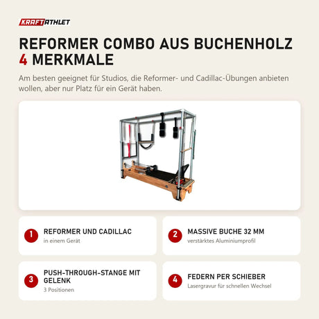 Body & Exercise Reformer Combo aus Buchenholz mit 4 Merkmalen: Reformer und Cadillac, Massive Buche 32 mm, Push-through-Stange mit Gelenk, Federn per Schieber