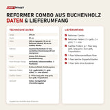 Technische Daten und Lieferumfang von Body & Exercise Reformer Combo aus Buchenholz als Tabelle