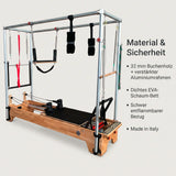 Reformer Combo Material – 32 mm Buchenholz, verstärkter Aluminiumrahmen, schwer entflammbarer Bezug, Made in Italy
