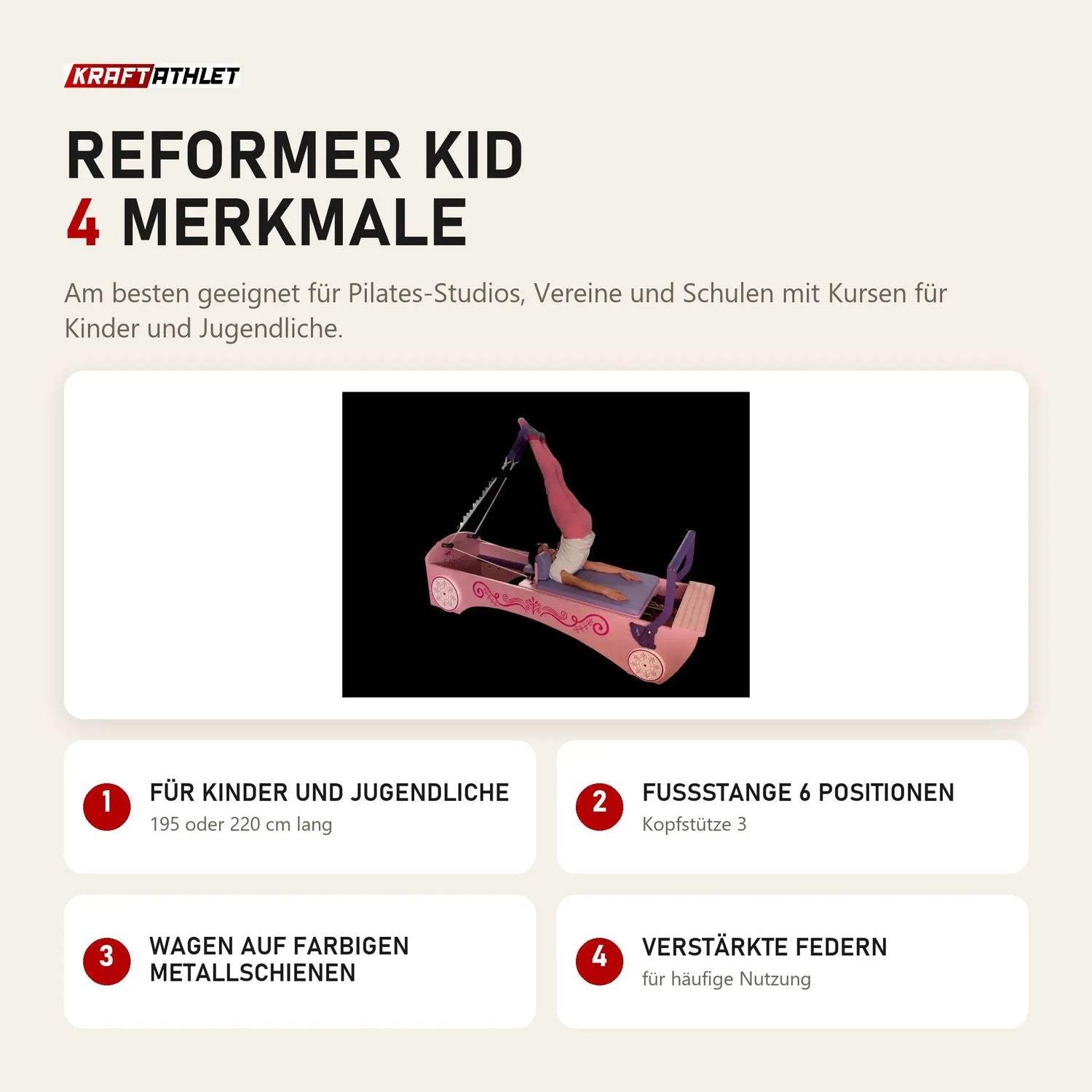 Body & Exercise Reformer Kid mit 4 Merkmalen: Für Kinder und Jugendliche, Fußstange 6 Positionen, Wagen auf farbigen Metallschienen, Verstärkte Federn