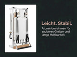 Body & Exercise Reformer Salvaspazio aus Aluminium, Grafik zum Aluminiumrahmen mit Holzfuß in Frontansicht