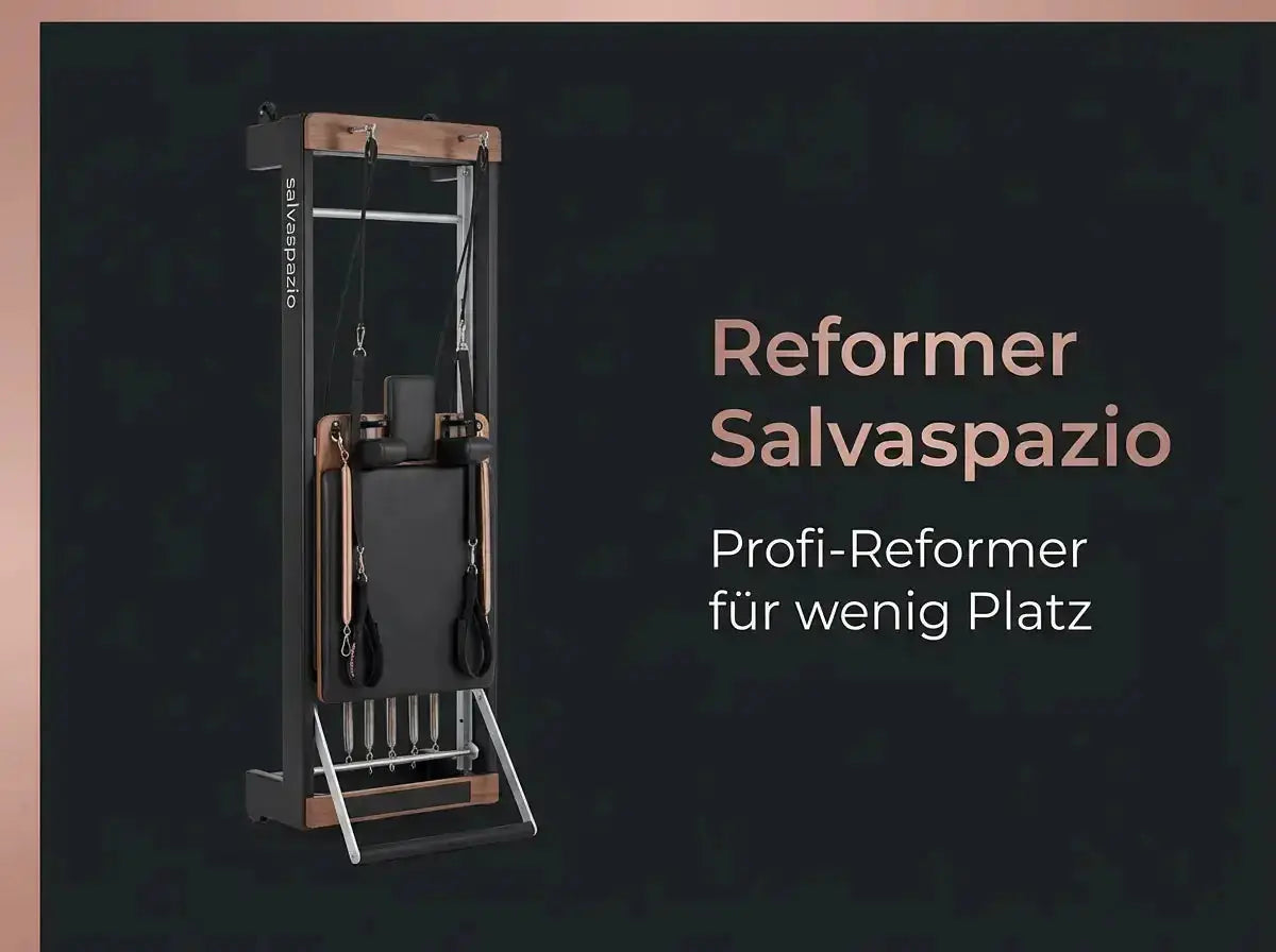 Body & Exercise Reformer Salvaspazio aus Aluminium, Titelgrafik mit senkrecht verstautem Reformer