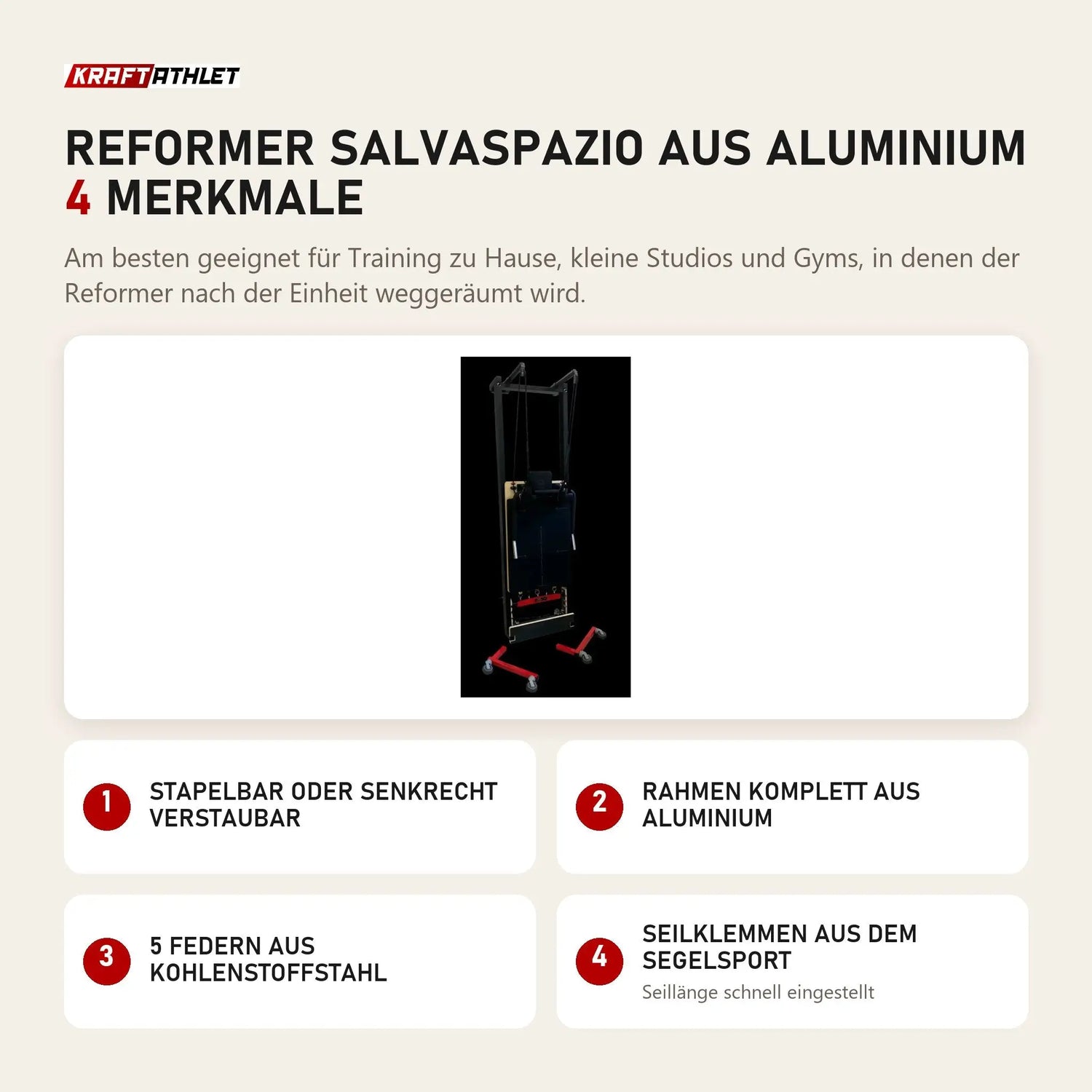 Body & Exercise Reformer Salvaspazio aus Aluminium mit 4 Merkmalen: Stapelbar oder senkrecht verstaubar, Rahmen komplett aus Aluminium, 5 Federn aus Kohlenstoffstahl, Seilklemmen aus dem Segelsport