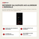 Body & Exercise Reformer Salvaspazio aus Aluminium mit 4 Merkmalen: Stapelbar oder senkrecht verstaubar, Rahmen komplett aus Aluminium, 5 Federn aus Kohlenstoffstahl, Seilklemmen aus dem Segelsport