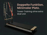 Body & Exercise Reformer Salvaspazio Tower, Grafik zur Doppelfunktion auf wenig Stellfläche