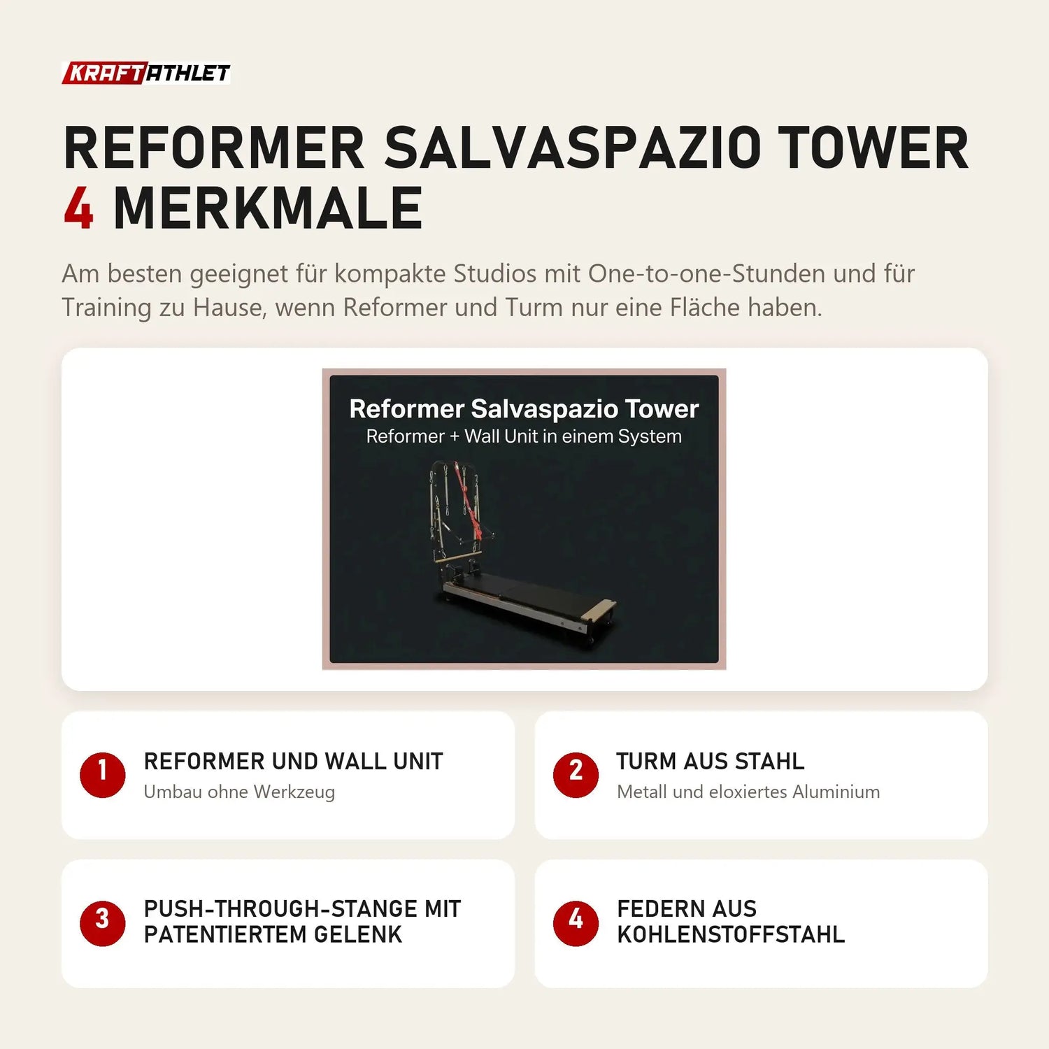 Body & Exercise Reformer Salvaspazio Tower mit 4 Merkmalen: Reformer und Wall Unit, Turm aus Stahl, Push-through-Stange mit patentiertem Gelenk, Federn aus Kohlenstoffstahl