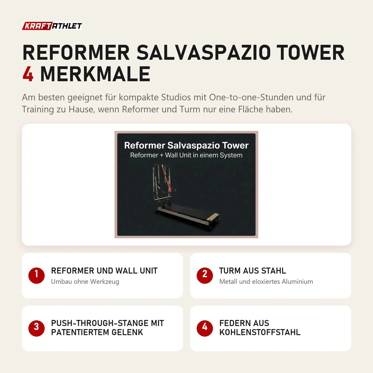 Body & Exercise Reformer Salvaspazio Tower mit 4 Merkmalen: Reformer und Wall Unit, Turm aus Stahl, Push-through-Stange mit patentiertem Gelenk, Federn aus Kohlenstoffstahl