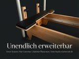 Body & Exercise Reformer Studio P001 aus Buchenholz, Grafik zur Erweiterung mit Tower und Mat Converter