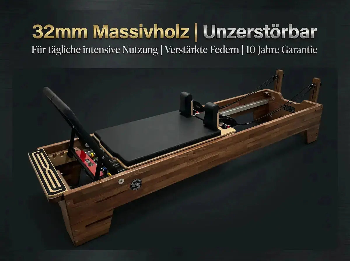 Body & Exercise Reformer Studio P001 aus Buchenholz, Grafik zu Massivholz und Federn, Schrägansicht