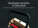 Body & Exercise Reformer Studio P001 aus Buchenholz, Grafik zu Polsterung und Sicherheit, Detail der Fußstange