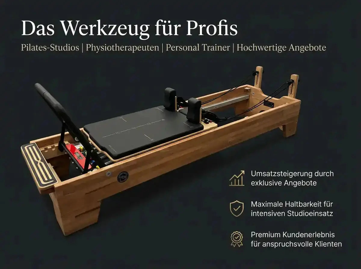 Body & Exercise Reformer Studio P001 aus Buchenholz, Grafik für Profis mit Schrägansicht des Reformers