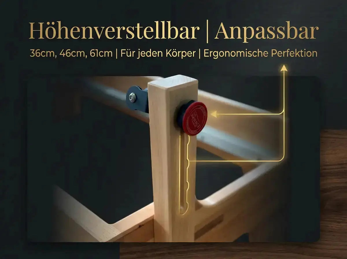 Body & Exercise Reformer Studio P001 aus Buchenholz, Grafik zur Verstellung, Detail des Holzpfostens